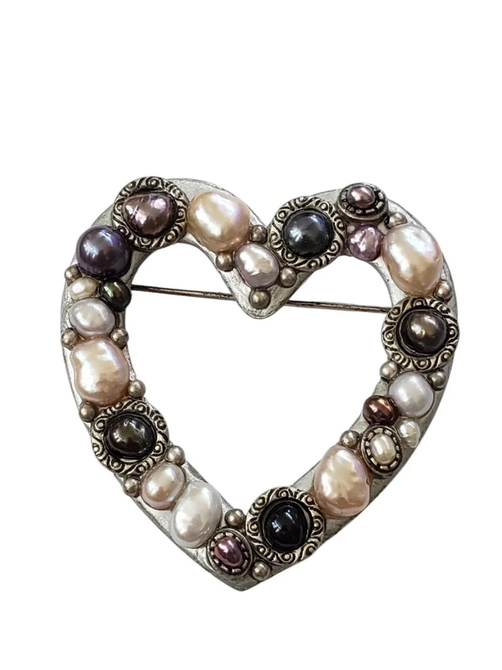 Michal Golan Silver Tone Pearl Open Heart Brooch Pin Retired